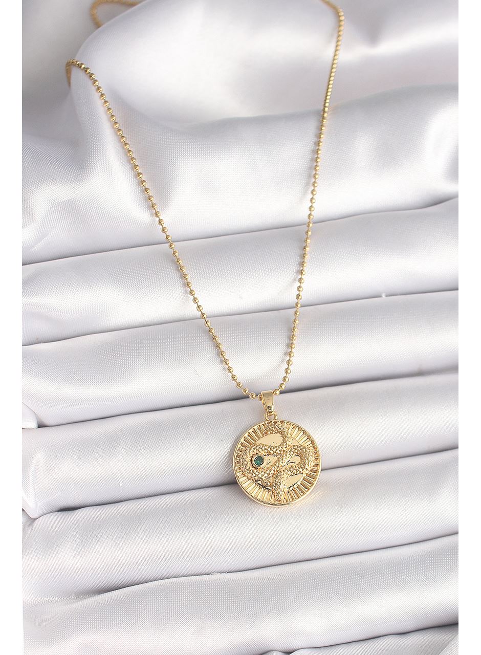 316L Çelik Gold Renk Topçuk Zincir Yılan İşlemeli Zirkon Taş Detaylı Madalyon Model Kadın Kolye