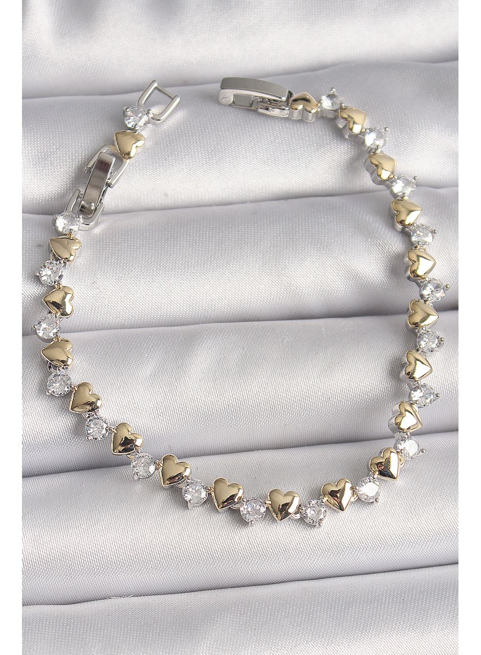 Pirinç Gümüş Renk Zirkon Taşlı Gold Kalpli VIP Seri Kadın Bileklik