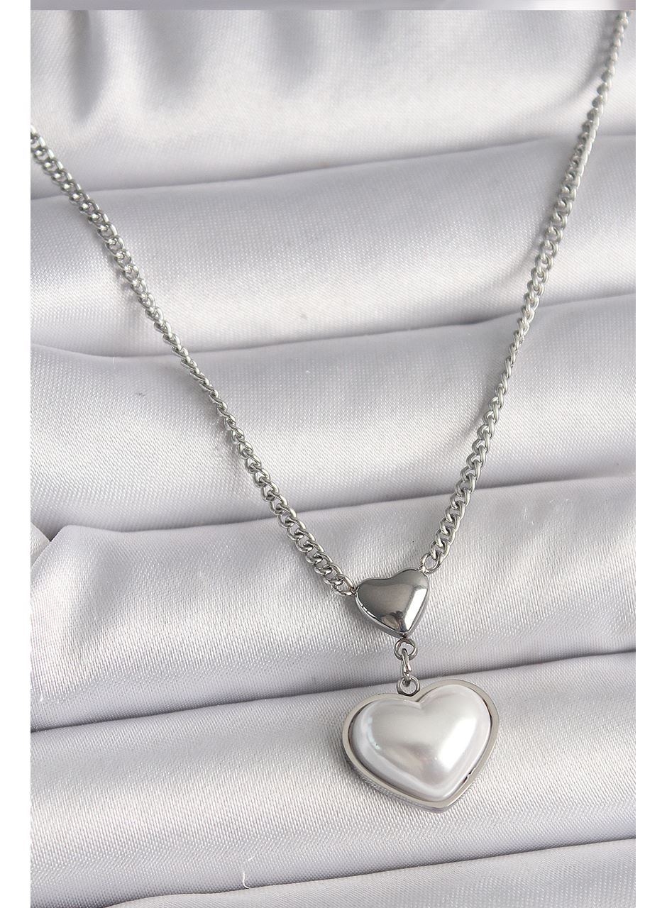 316L Çelik Gümüş Renk Zincir 3D Kalp Model Kadın Kolye