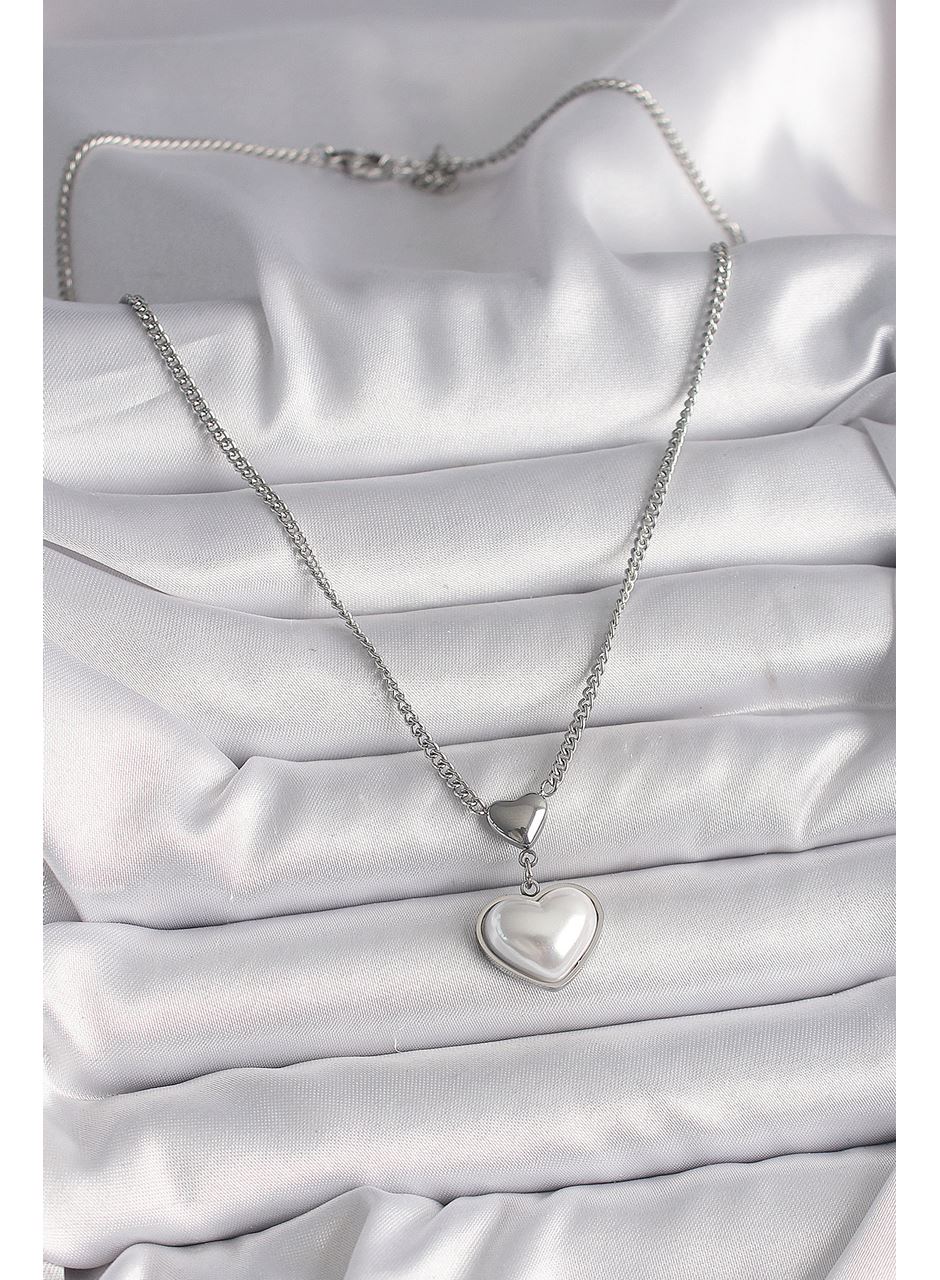 316L Çelik Gümüş Renk Zincir 3D Kalp Model Kadın Kolye
