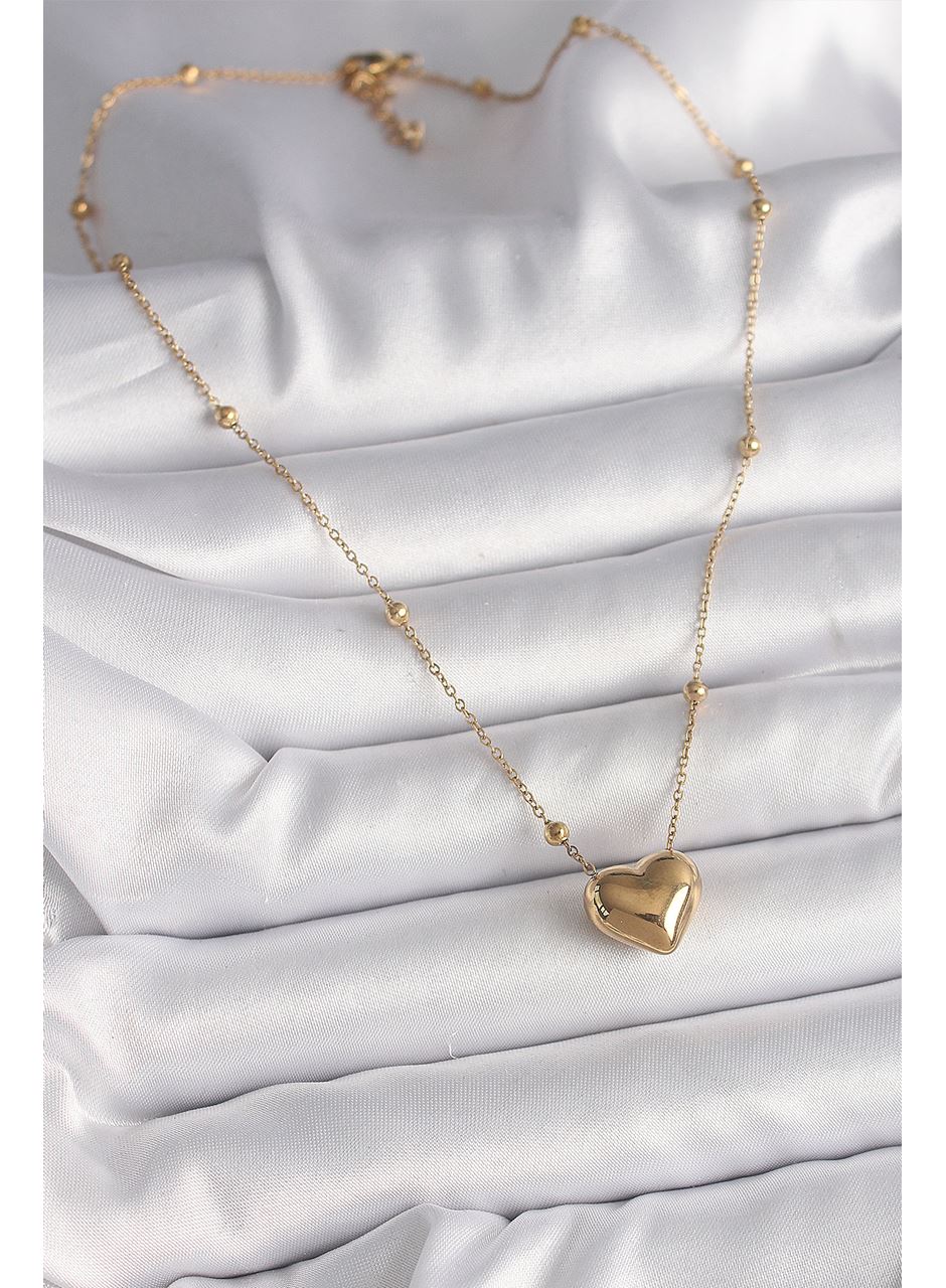 316L Çelik Gold Renk Topçuk Detaylı Zincir Kalp Model Kadın Kolye
