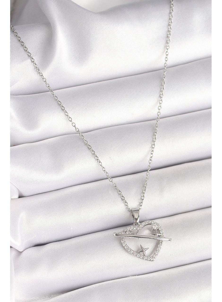 316L Çelik Gümüş Renk Zincir Zirkon Taşlı Kalp Model Yıldız Detay Kadın Kolye
