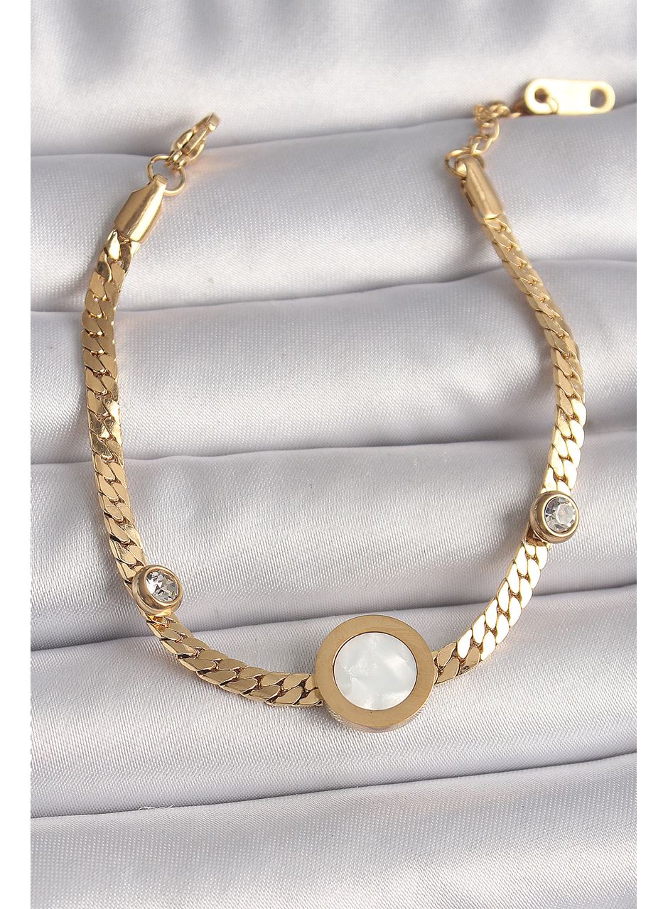316L Çelik Gold Renk Yassı Zincir Model Zirkon Taş Detaylı Beyaz Mineli Madalyon Model Kadın Bileklik