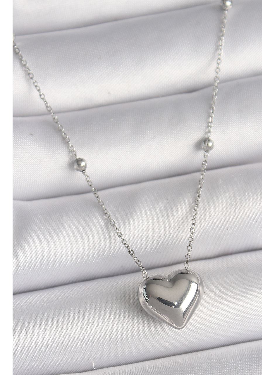316L Çelik Gümüş Renk Topçuk Detay Zincir Kalp Model Kadın Kolye