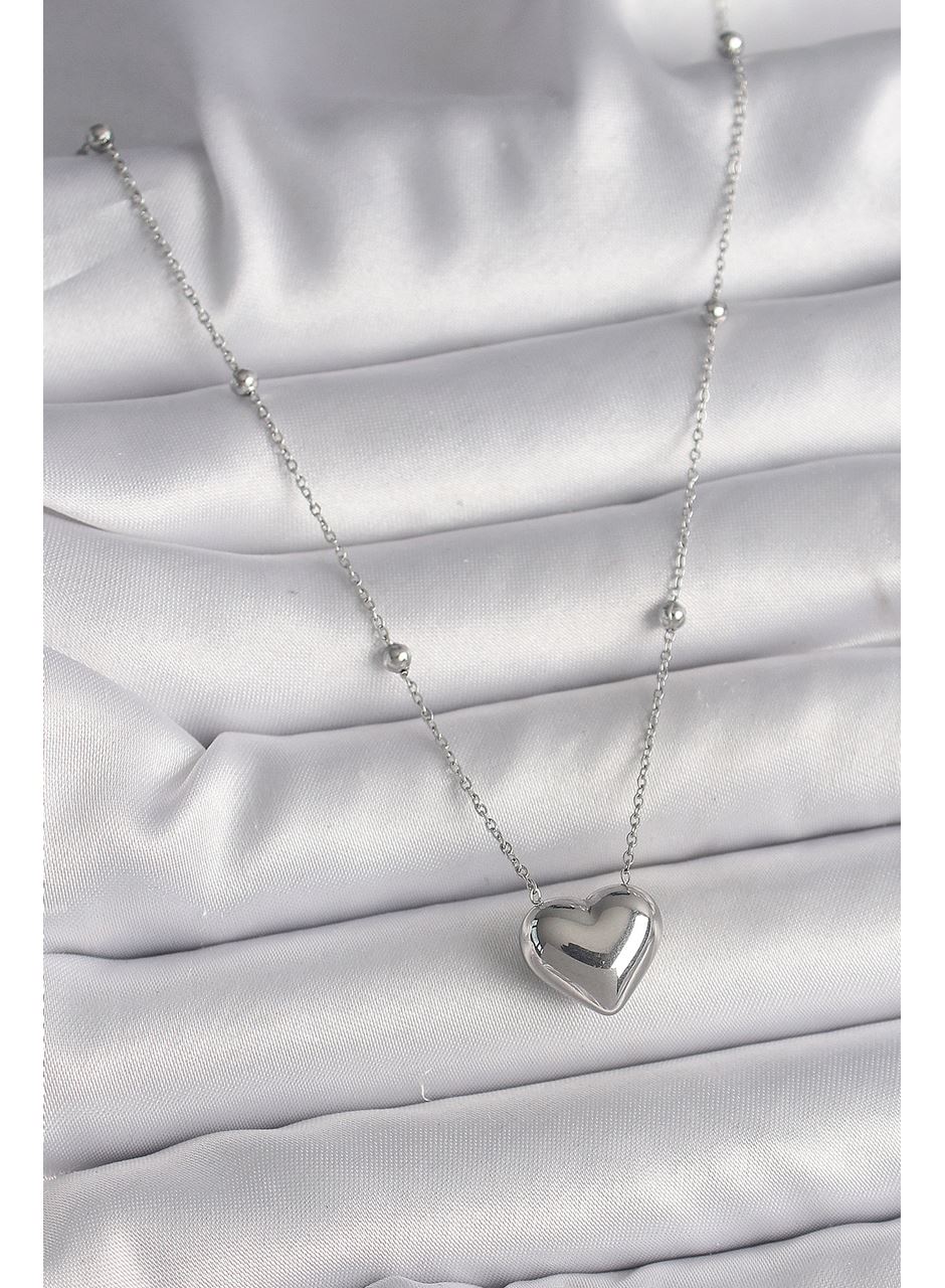 316L Çelik Gümüş Renk Topçuk Detay Zincir Kalp Model Kadın Kolye