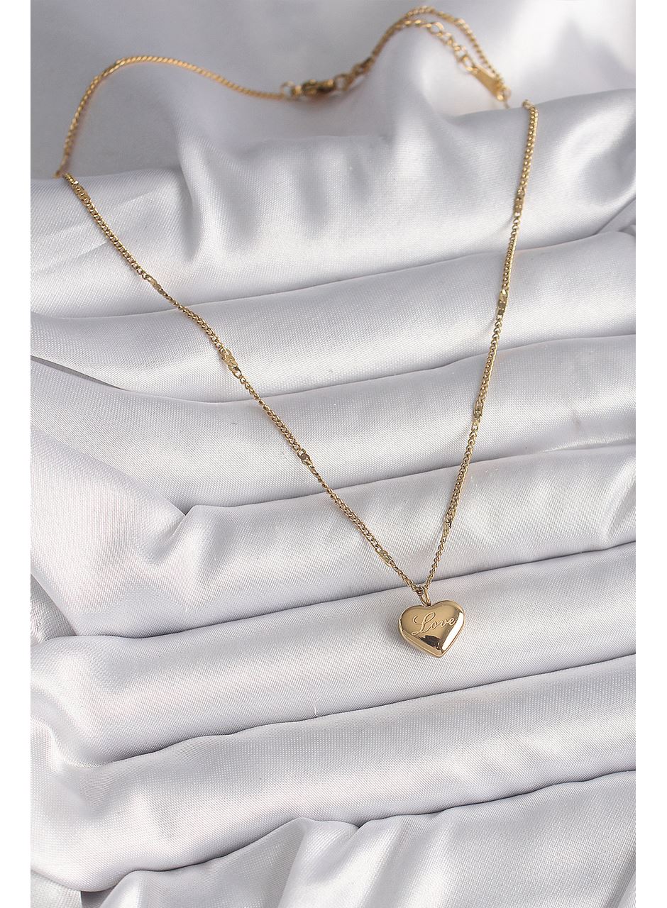 316L Çelik Gold Renk Zincir Love İşlemeli Kalp Figür Kadın Kolye