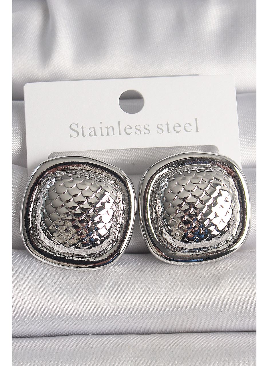 Pirinç Gümüş Renk İşlemeli Kare Model Kadın Küpe