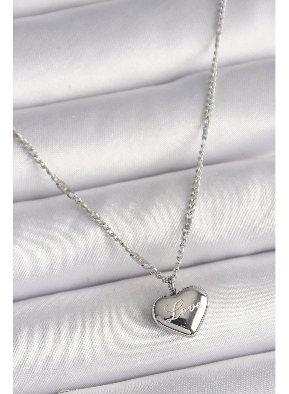 316L Çelik Gümüş Renk Zincir Love İşleme Kalp Figür Kadın Kolye