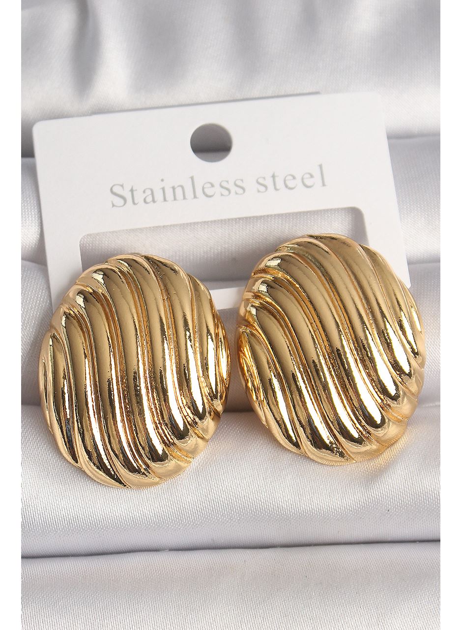 Pirinç Gold Renk İşlemeli Oval Model Kadın Küpe