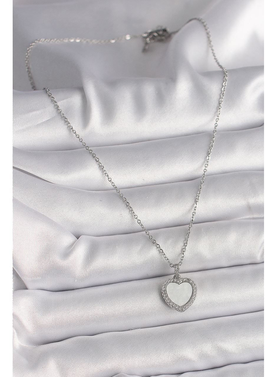 316L Çelik Gümüş Renk Zincir Zirkon Taşlı Beyaz Mineli Kalp Model Kadın Kolye