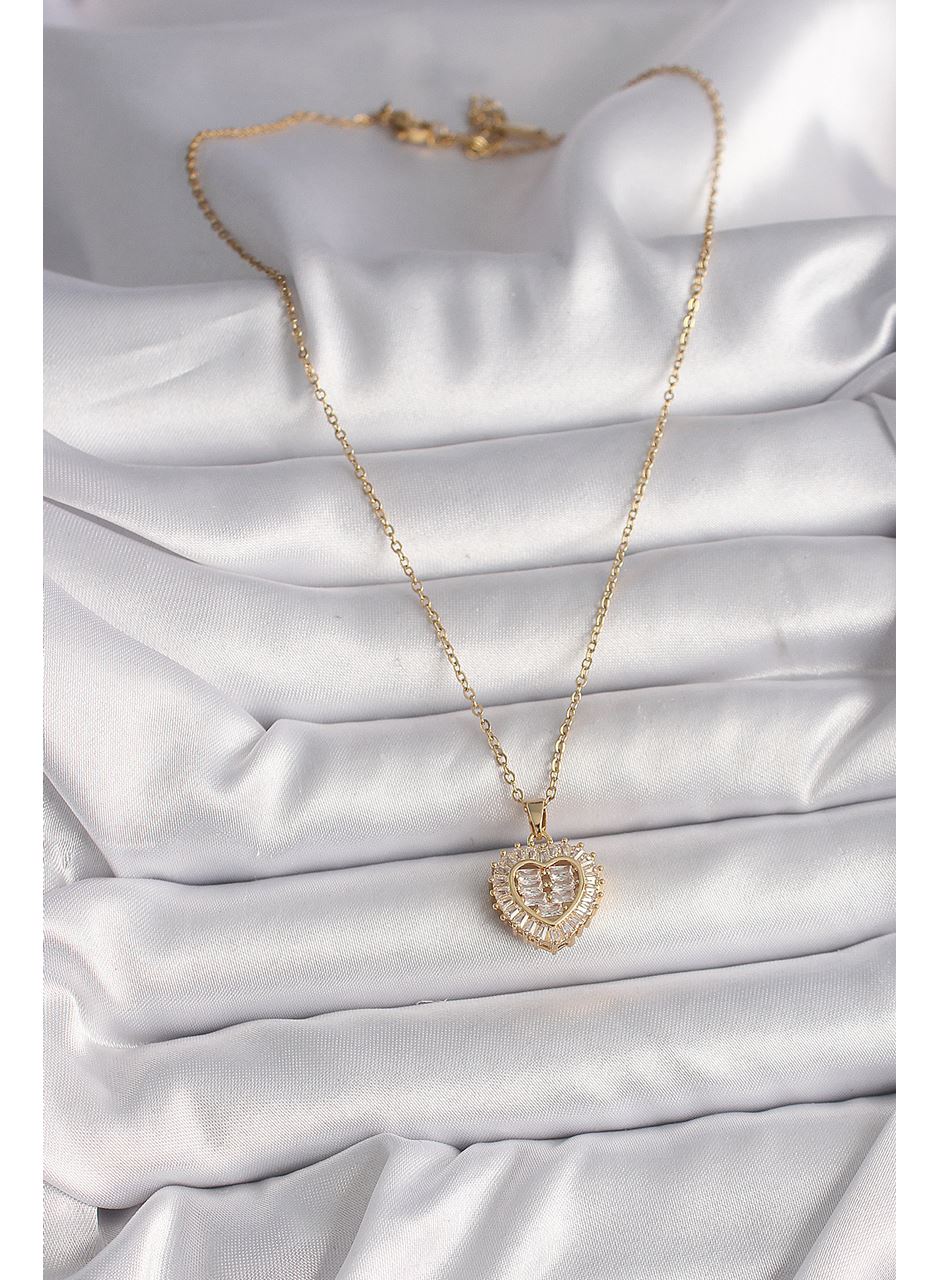 316L Çelik Gold Renk Zincir Zirkon Taşlı Kalp Model Kadın Kolye
