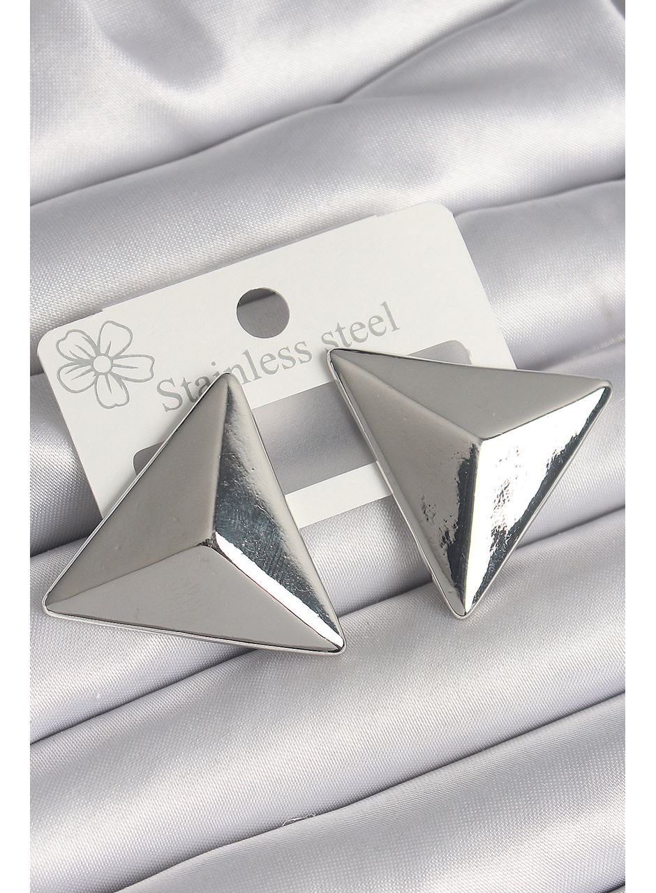 Pirinç Gümüş Renk 3D Üçgen Model Kadın Küpe