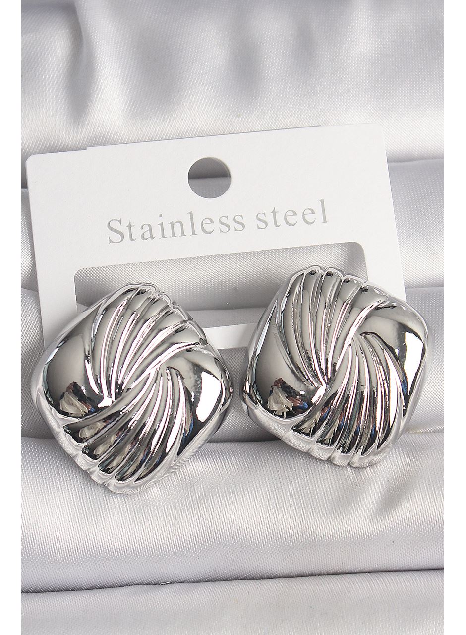 Pirinç Gümüş Renk İşlemeli Kare Model Kadın Küpe