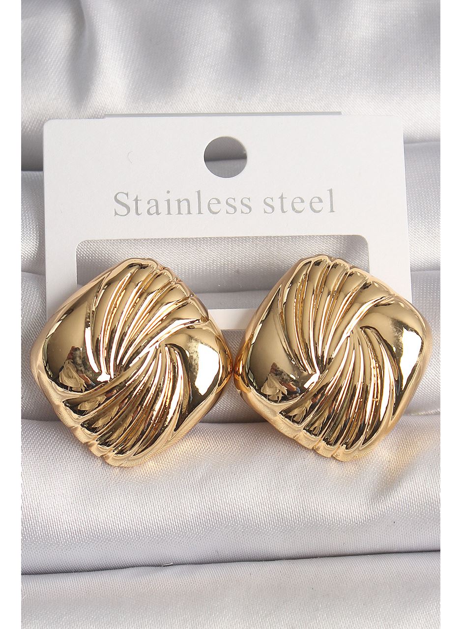 Pirinç Gold Renk İşlemeli Kare Model Kadın Küpe