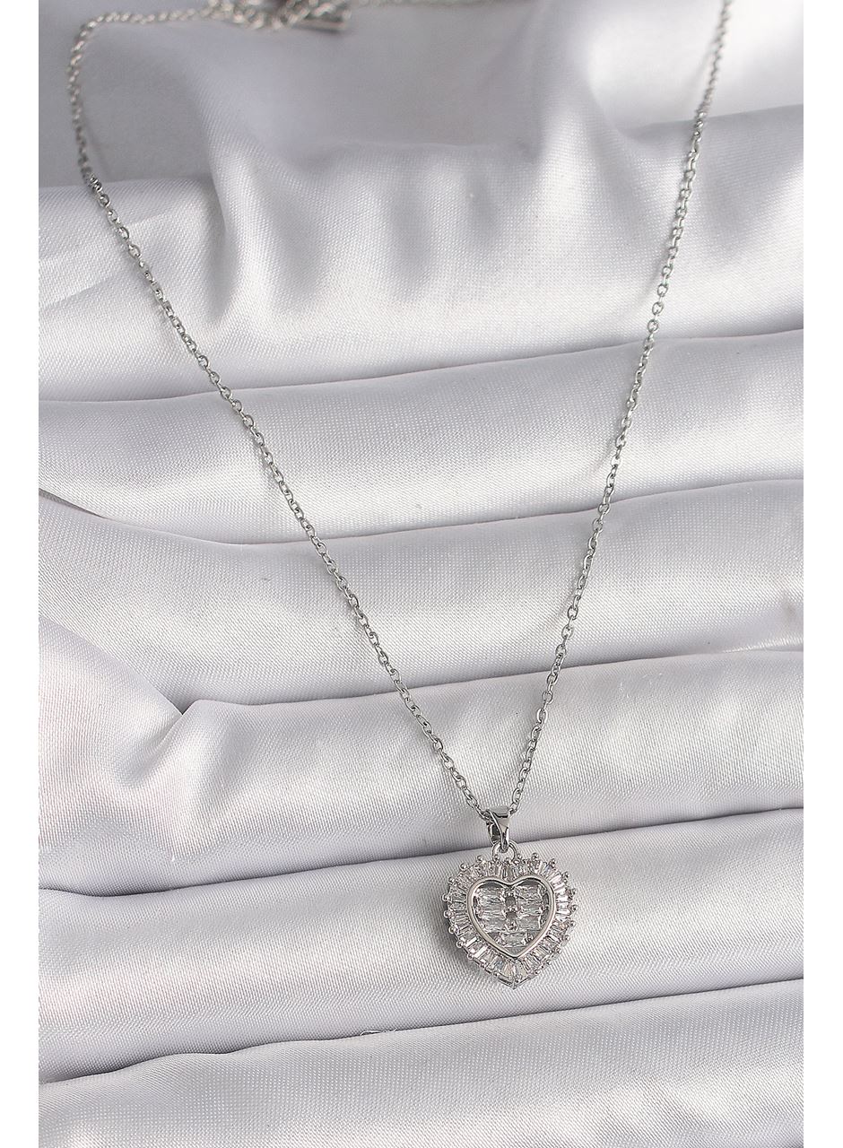 316L Çelik Gümüş Renk Zincir Zirkon Taşlı Kalp Model Kadın Kolye