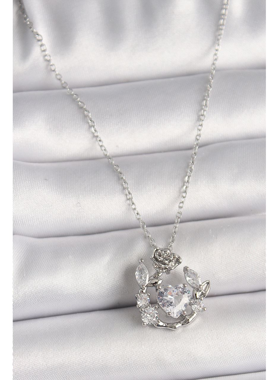 316L Çelik Gümüş Renk Zincir Zirkon Taşlı Kalp Figür Gül Detay Kadın Kolye