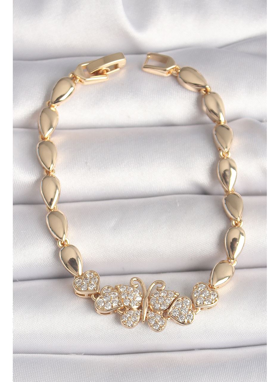 Pirinç Gold Renk Zirkon Taşlı Kelebek Figür Damla Zincir Model Kadın Bileklik