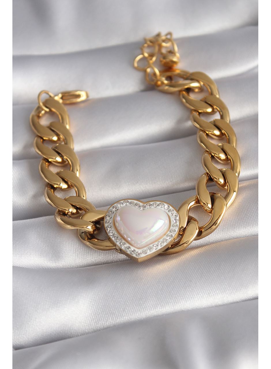 316L Çelik Gold Renk Pembe 3D Kalp Model Zirkon Taşlı Kadın Bileklik