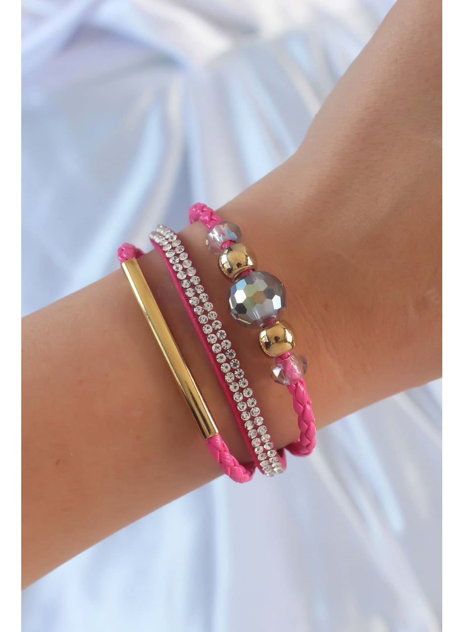 Pembe Renk Zirkon Taşlı Deri Çoklu Bileklik