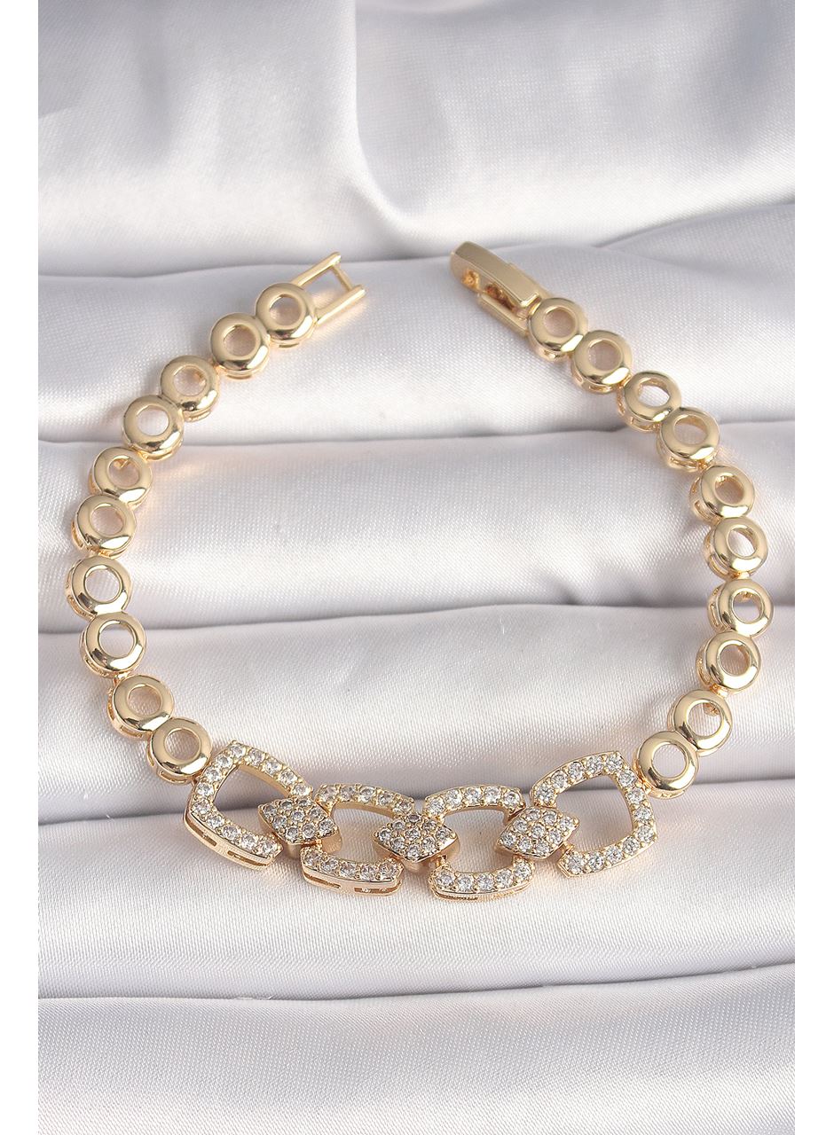 Pirinç Gold Renk Zirkon Taşlı Daire Zincir Model Kadın Bileklik