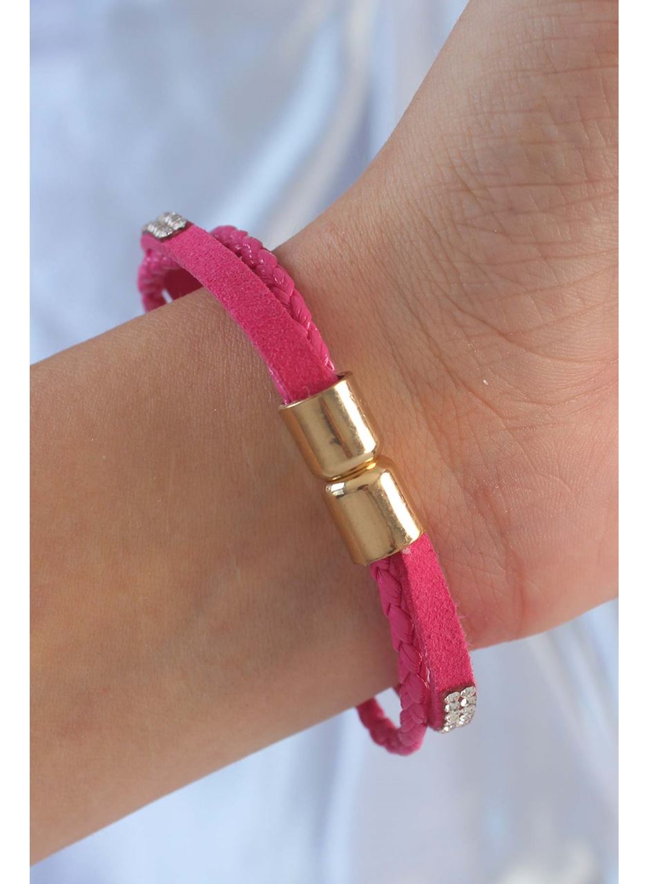 Pembe Renk Zirkon Taşlı Deri Çoklu Bileklik