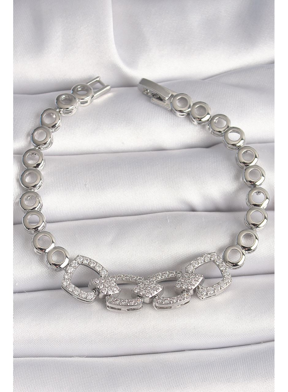 Pirinç Gümüş Renk Zirkon Taşlı Daire Zincir Model Kadın Bileklik