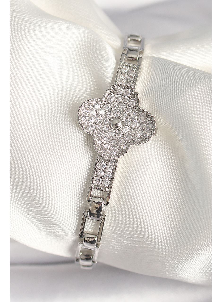 Pirinç Gümüş Renk Zirkon Taşlı Yonca Model Kadın Bileklik