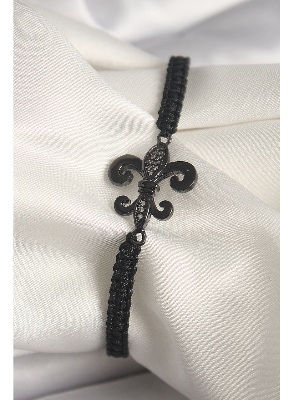 Pirinç Siyah Renk Zirkon Taş İşlemeli Zambak Figür Asansörlü Makrome Model Kadın Bileklik