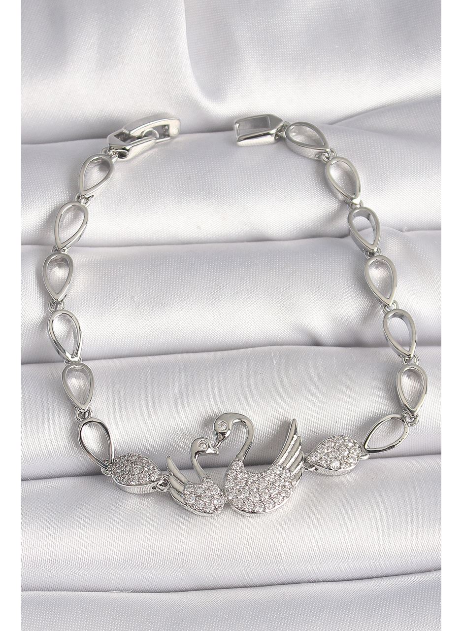 Pirinç Gümüş Renk Zirkon Taşlı Kuğu Figür Damla Zincir Model Kadın Bileklik