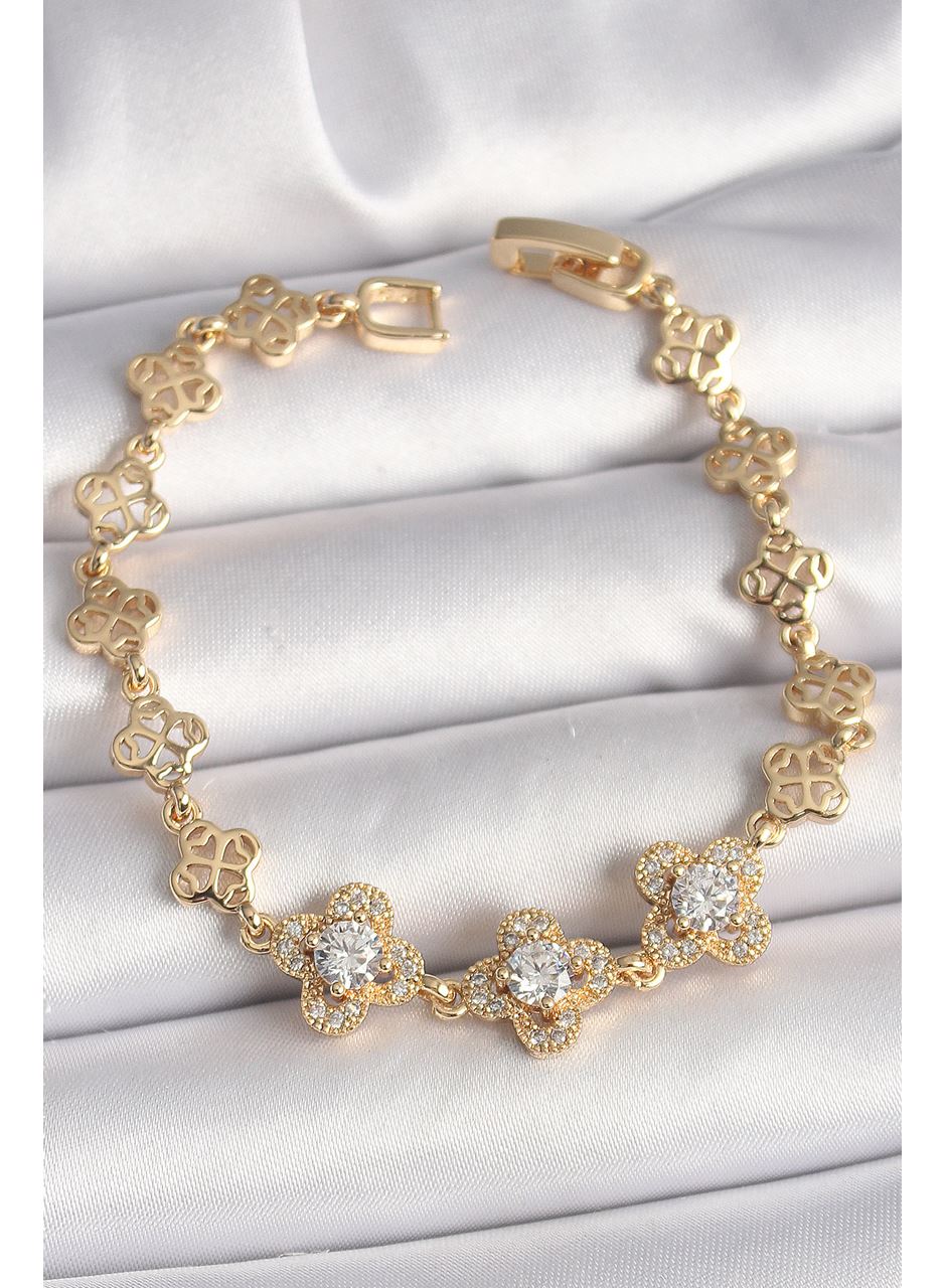 Pirinç Gold Renk Zirkon Taşlı Yonca Model Kadın Bileklik