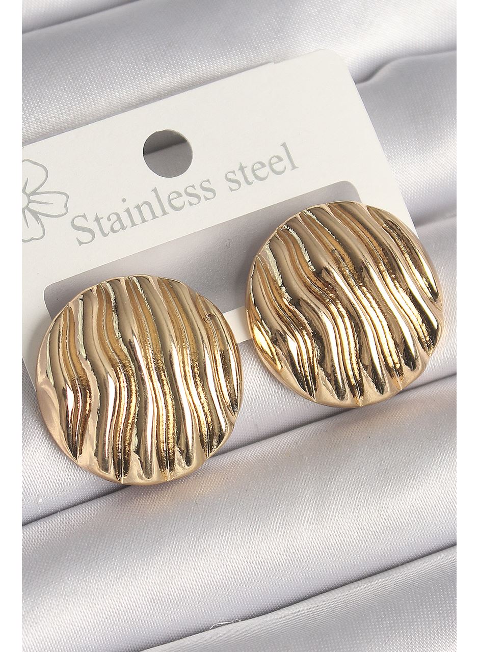 Pirinç Gold Renk İşlemeli Daire Plaka Model Kadın Küpe