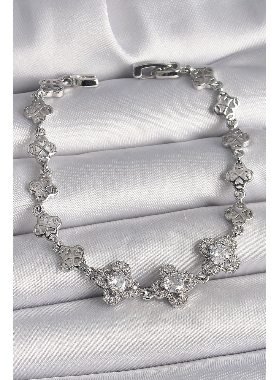 Pirinç Gümüş Renk Zirkon Taşlı Yonca Model Kadın Bileklik