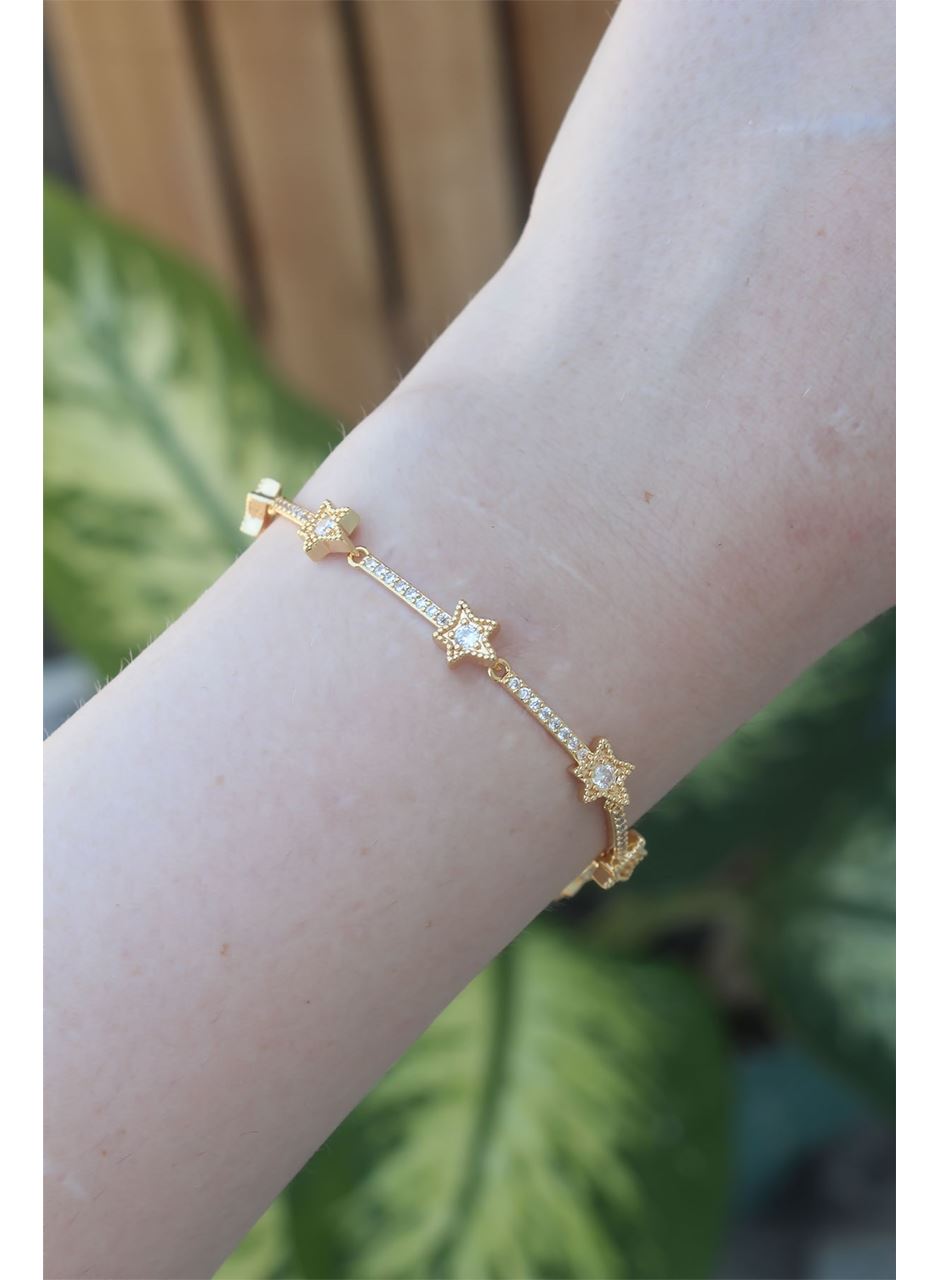 Vip Seri Pirinç Zirkon Taşlı Gold Renk Halley Model Bileklik