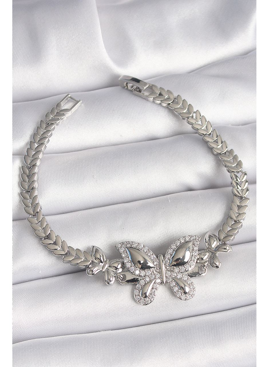 Pirinç Gümüş Renk Zirkon Taşlı Kelebek Model Kadın Bileklik