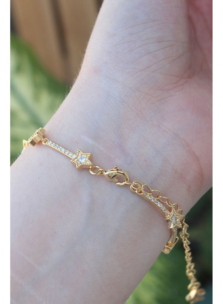 Vip Seri Pirinç Zirkon Taşlı Gold Renk Halley Model Bileklik