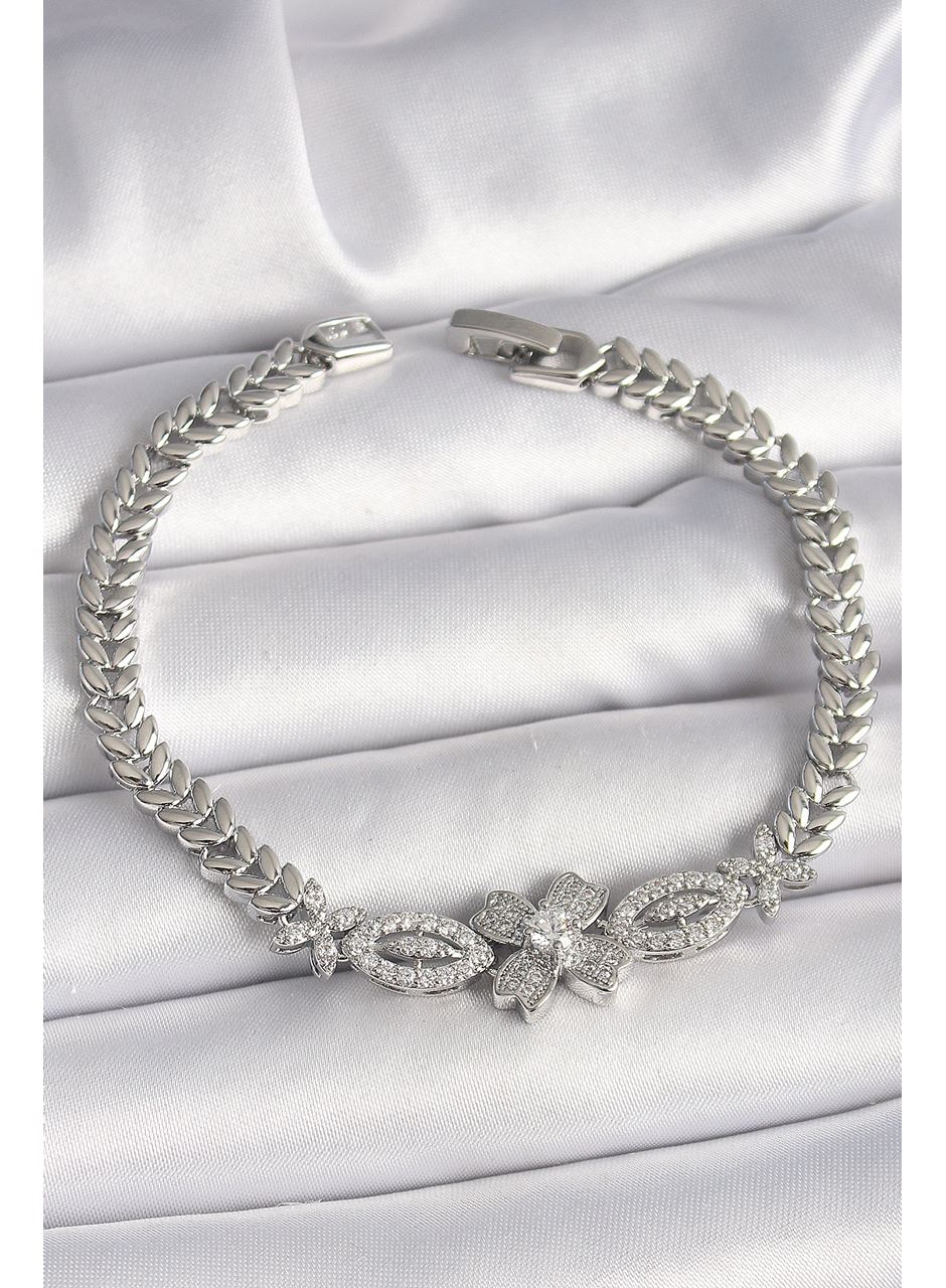 Pirinç Gümüş Renk Zirkon Taşlı Çiçek Figür Arpa Zincir Model Kadın Bileklik