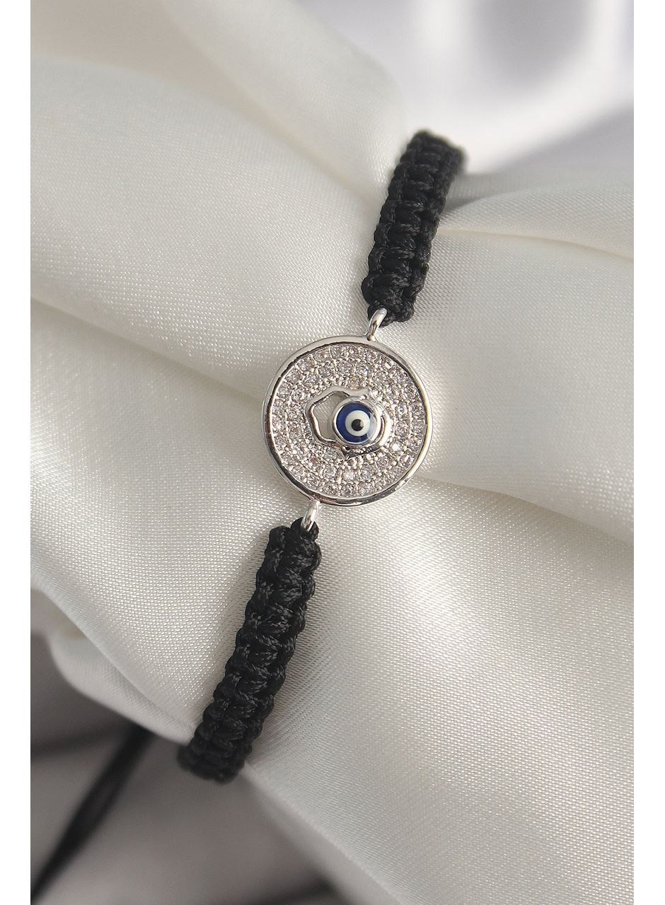 Pirinç Gümüş Renk Zirkon Taşlı Nazar Boncuk İşleme Makrome Asansörlü Model Kadın Bileklik