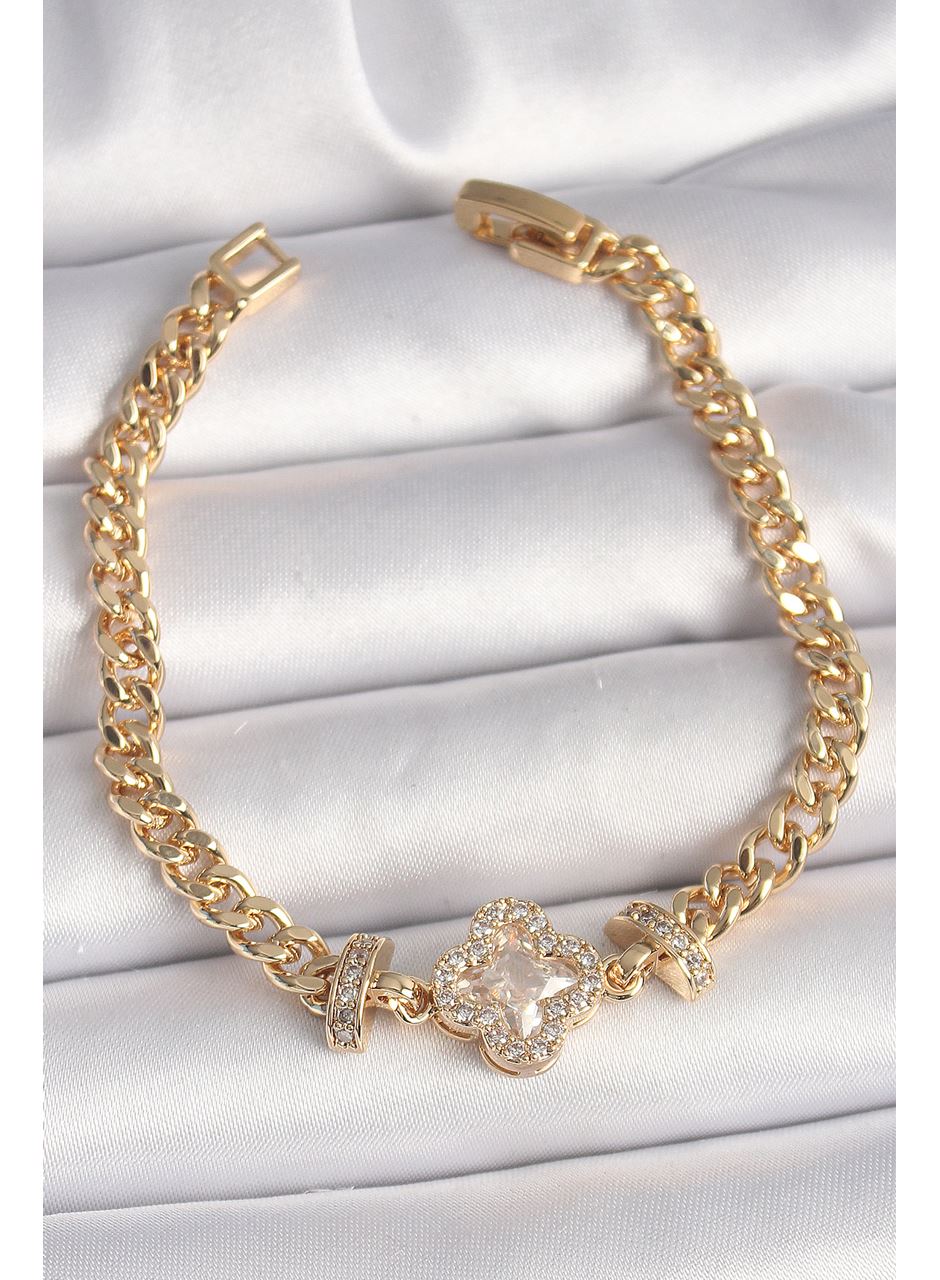 Pirinç Gold Renk Zirkon Taşlı Yonca Figür Zincir Model Kadın Bileklik