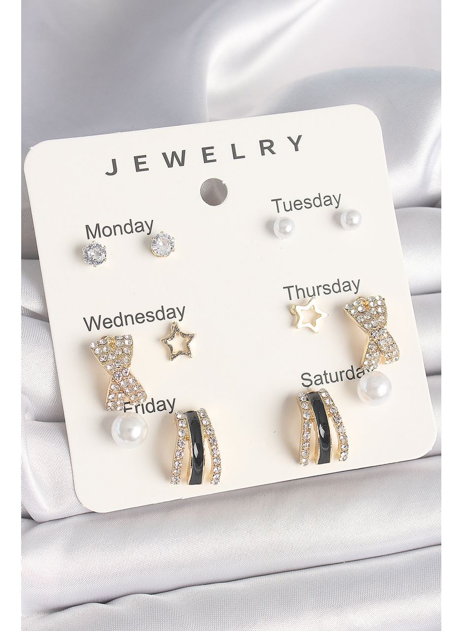 Pirinç Gold Renk Zirkon Taş Yıldız Detaylı İncili 7'Li Set Kadın Küpe Seti