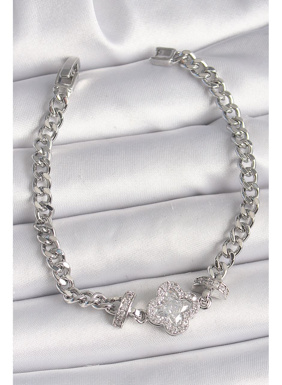 Pirinç Gümüş Renk Zirkon Taşlı Yonca Figür Zincir Model Kadın Bileklik