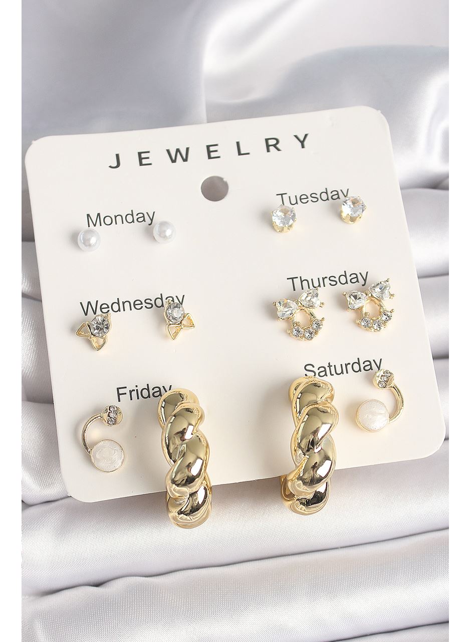 Pirinç Gold Renk Zirkon Taşlı Sarmal Halka Model 7'Li Kadın Küpe Seti