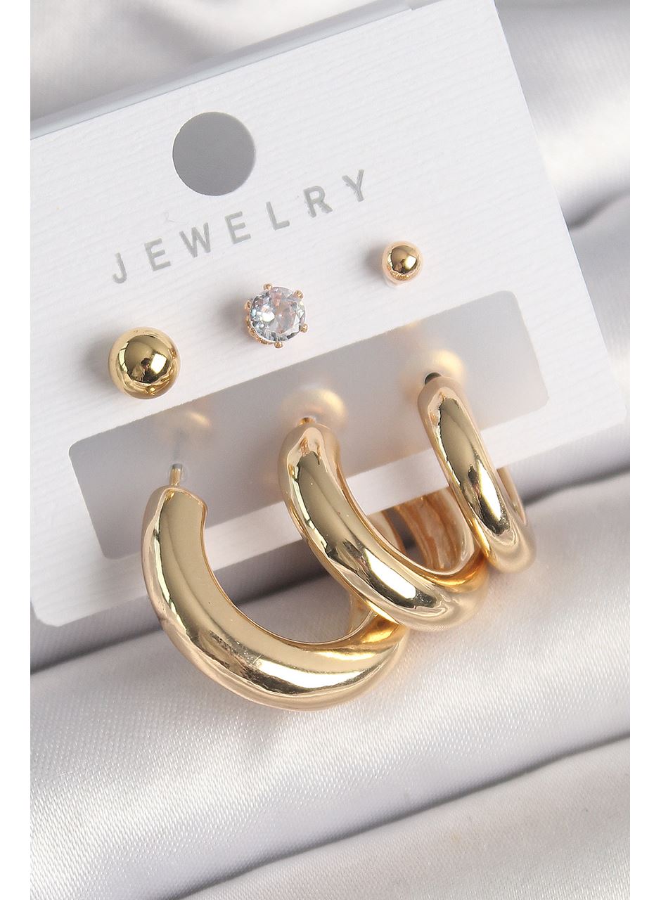 Pirinç Gold Renk Halka Model Zirkon Taşlı Topçuk Detay Kadın Küpe