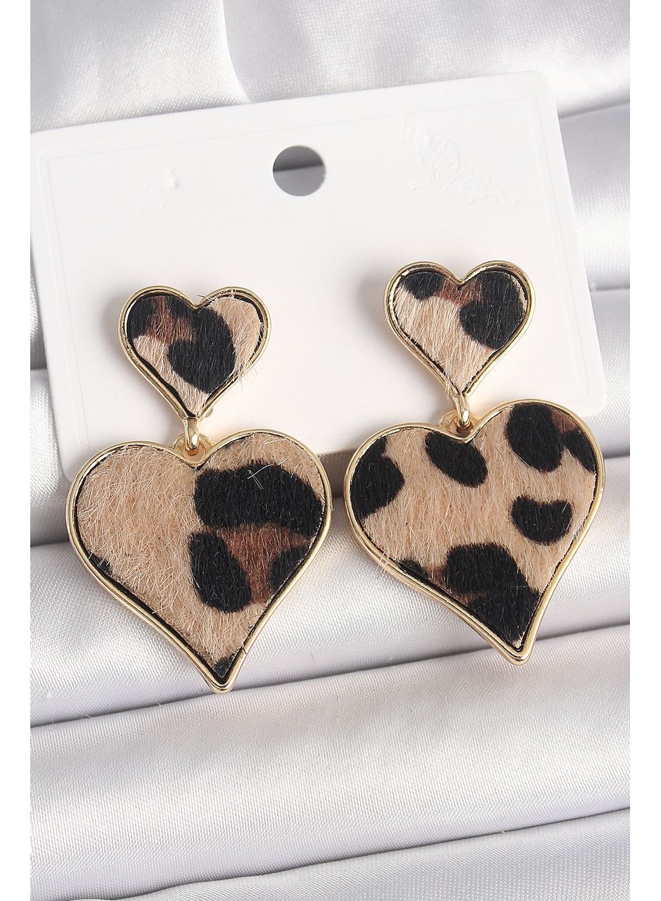 Pirinç Gold Renk Sallantı Leopar Kalp Model Kadın Küpe