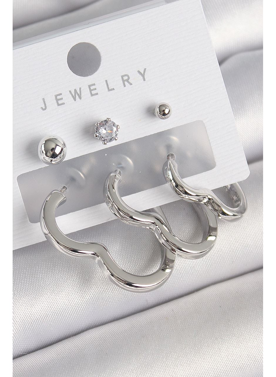 Pirinç Gümüş Renk Kalp Model Zirkon Taş Topçuk Detay Kadın Küpe Seti