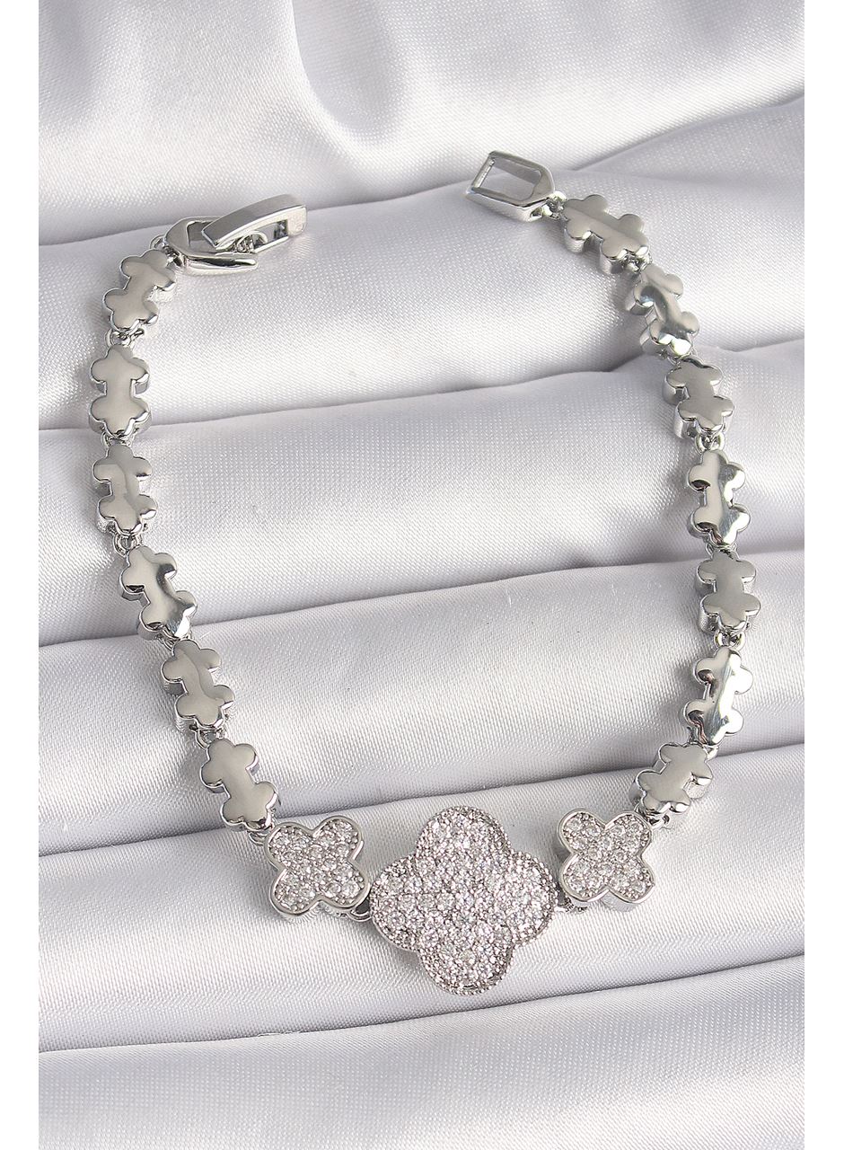 Pirinç Gümüş Renk Zirkon Taşlı Yonca Model Zincir Model Kadın Bileklik