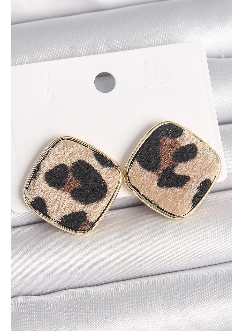 Pirinç Gold Renk Kare Leopar Model Kadın Küpe