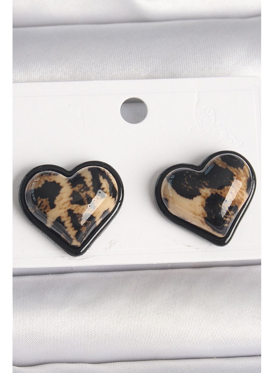 Pirinç Siyah Renk Leopar Desen 3D Kalp Model Kadın Küpe