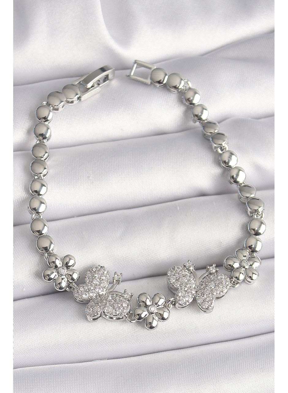 Pirinç Gümüş Renk Zirkon Taşlı Kelebek Figür Çiçek Zincir Model Kadın Bileklik