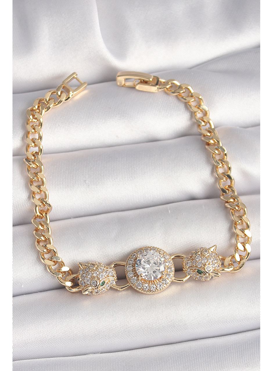 Pirinç Gold Renk Zirkon Taşlı Leopar Figür Zincir Model Kadın Bileklik