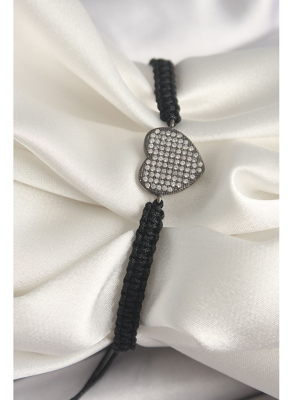 Pirinç Füme Renk Zirkon Taşlı Kalp Figür Asansörlü Makrome Model Kadın Bileklik